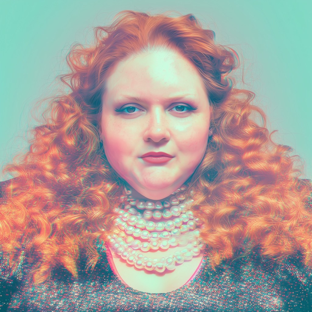 A close-up portrait of a woman with curly red hair and bold makeup, wearing multiple strands of pearl necklaces against a colorful pastel background.